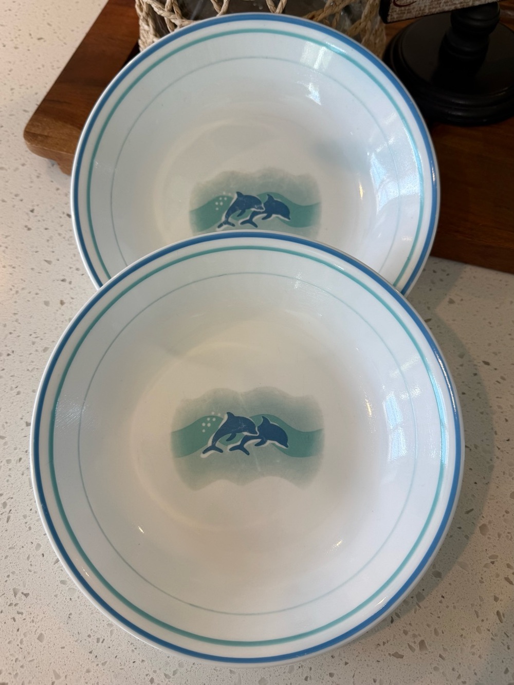 2 Vintage Corelle Ocean Dance Dolphins Pasta Salad Bowls 8 1/2" Plates Vitrelle